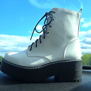 SHEIN White and Black Combat Moto Boots Lace-Up